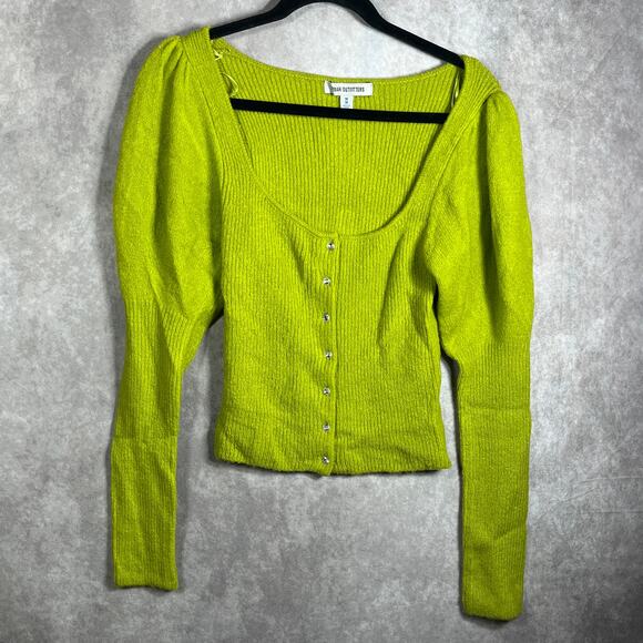 Urban‎ Outfitters Cardigan Sweater Womens Medium Green Knit Puff Sleeve Cropped - Picture 1 of 10